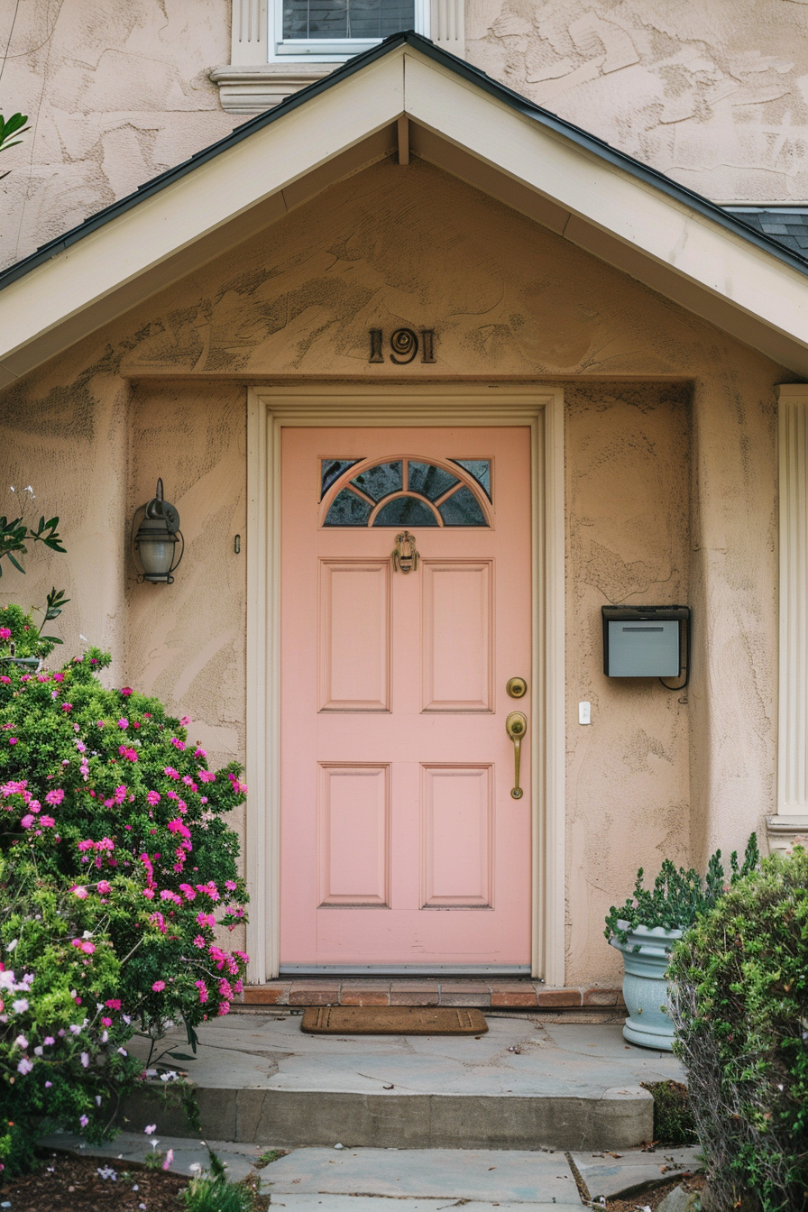 A charming pink door accented with an arched window, framed by blooming shrubs, on a classic stucco house.