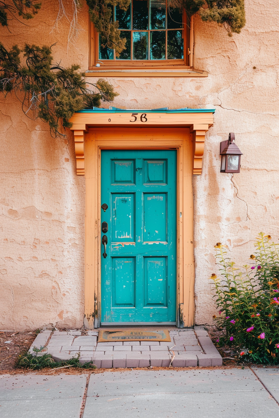 A vibrant turquoise door with orange trim on a textured adobe wall, house number 58, with a window above and flowers to the side.