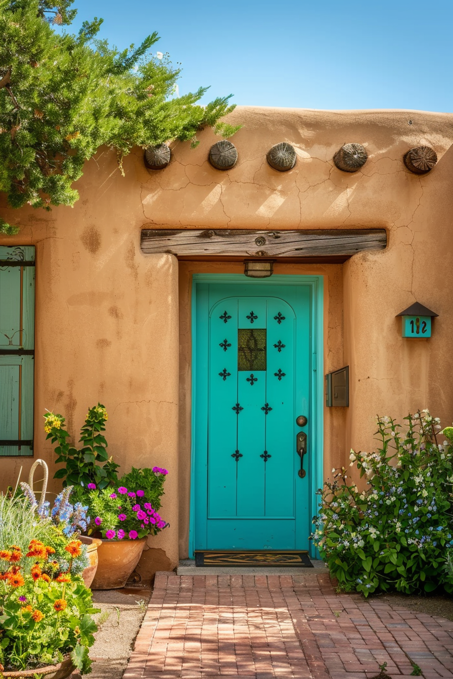 ALT text: "A vibrant turquoise door with decorative ironwork set in a traditional adobe building, flanked by pots of colorful flowers."