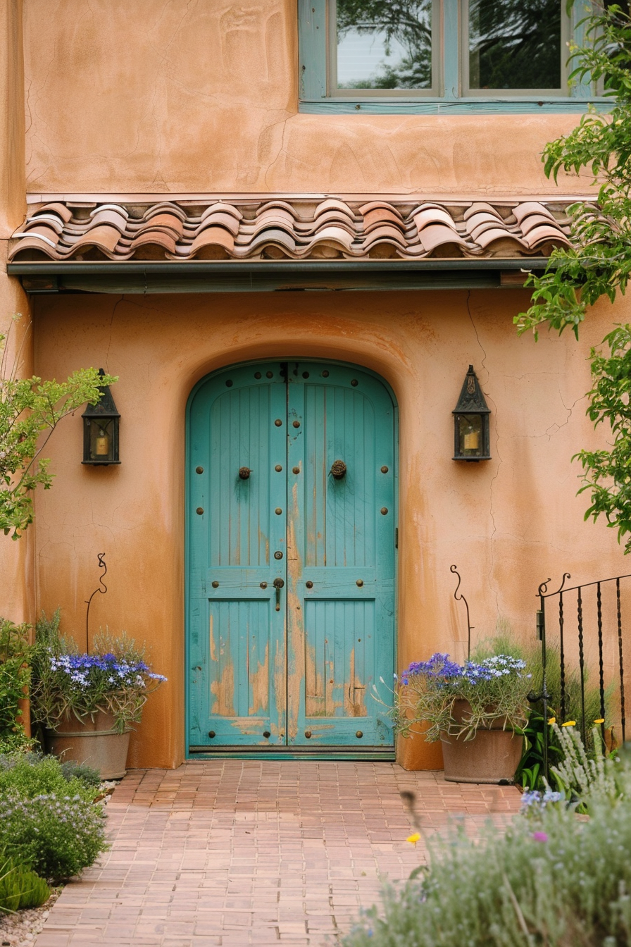 A rustic turquoise double door set in a peach stucco wall, framed by potted plants, with a tiled roof and a lantern on each side.