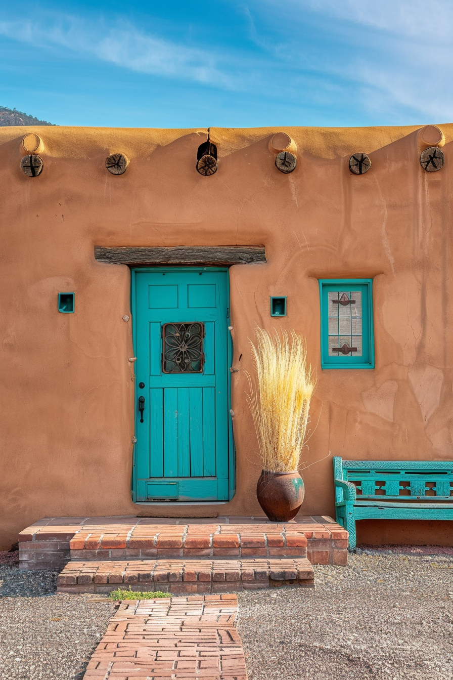 A vibrant turquoise door and window on a traditional adobe building with terracotta walls, accented by a large vase of dried grass.