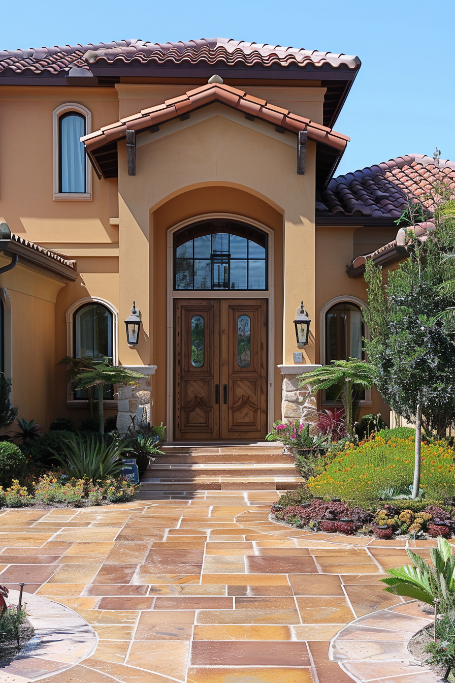 Elegant house entrance with double wooden doors, terracotta tiled pathway, and landscaped garden.