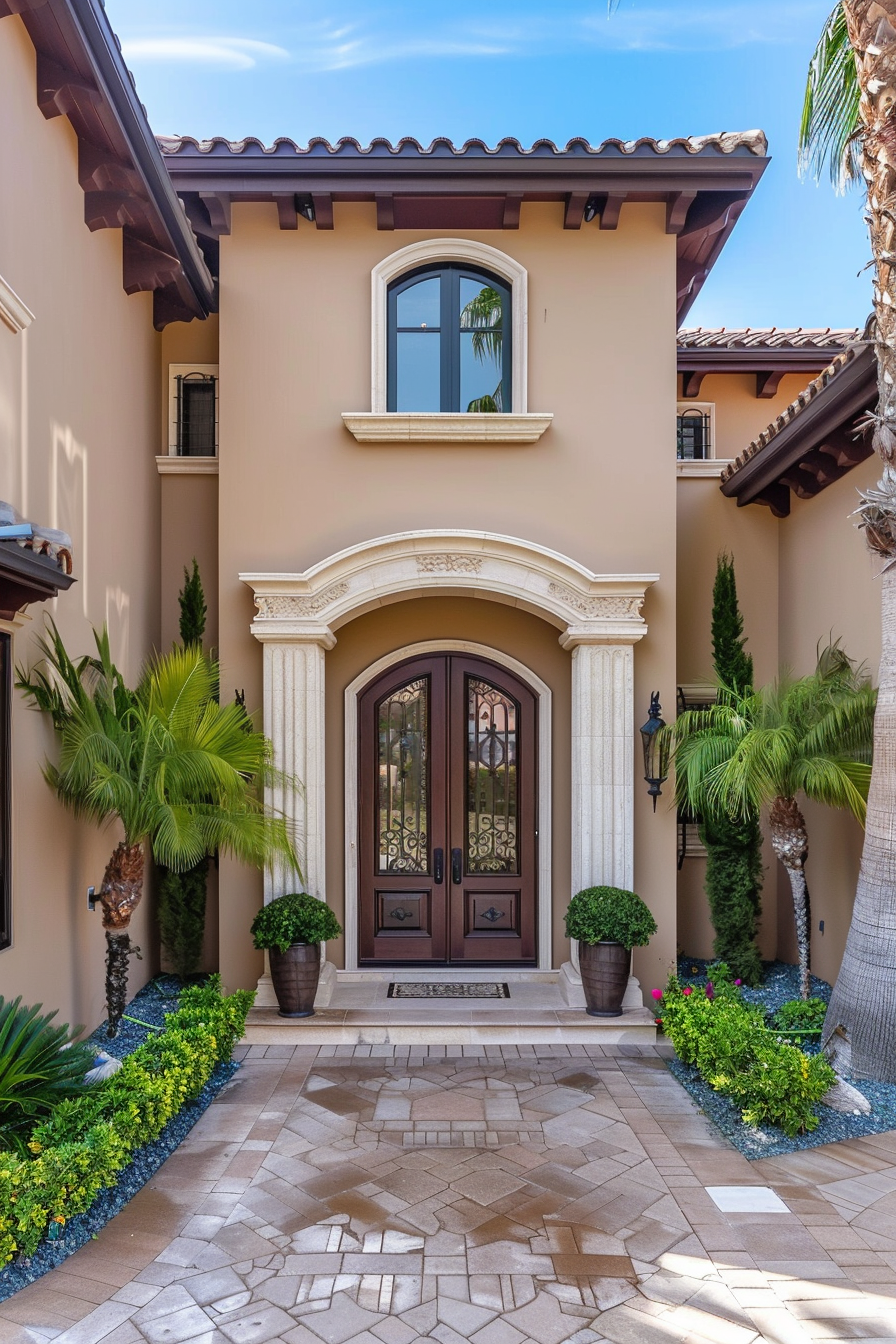 Elegant house entrance with a decorative wooden door, arched frame, tiled pathway, and flanked by potted plants and palm trees.
