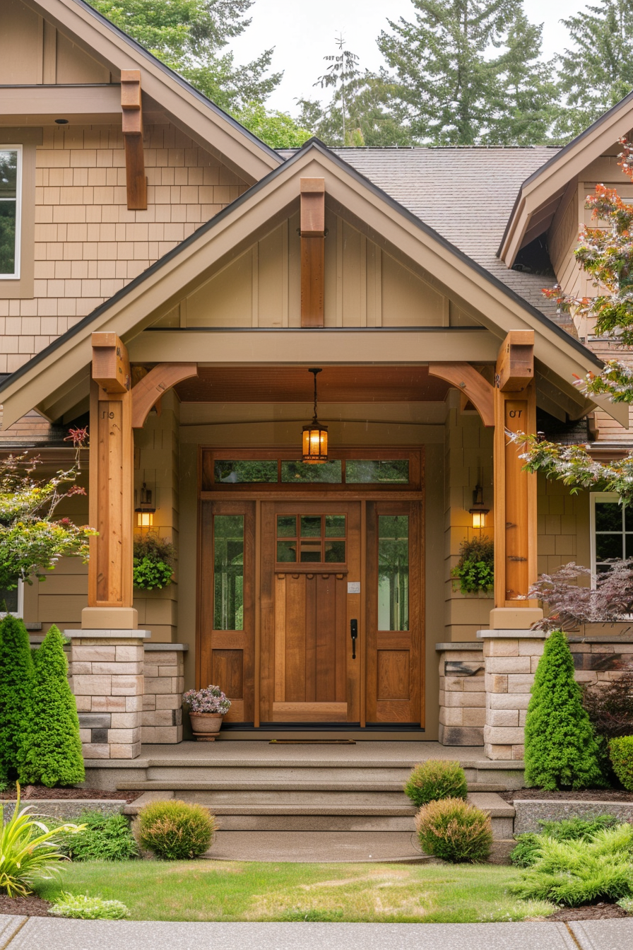 Craftsman style house entrance with wooden door, stone steps, and lanterns, surrounded by green landscaping.