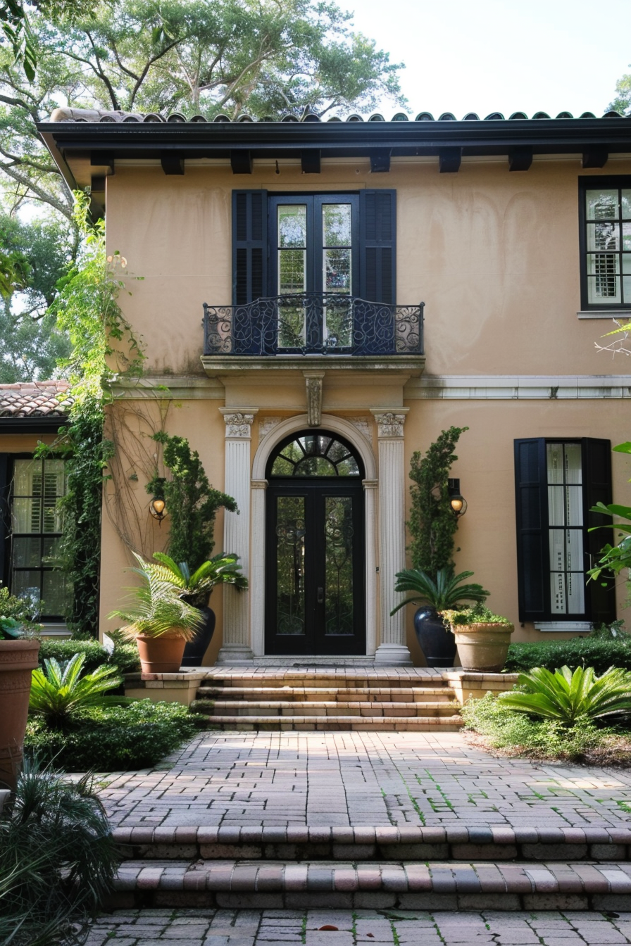 Elegant two-story house facade with a black wrought iron balcony, arched entryway, potted plants, and a brick pathway.