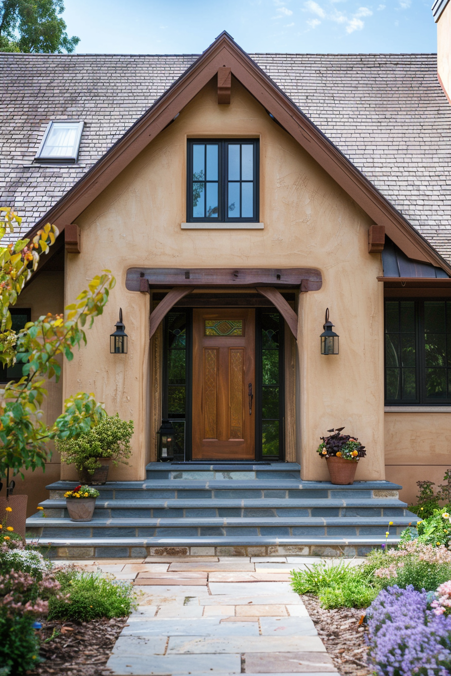 ALT: An elegant house entrance with a wooden door, stone steps, pendant lanterns, and potted plants, under a gabled roof with a dormer window.