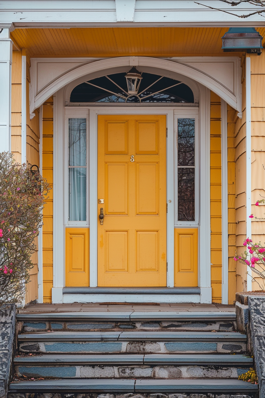 A charming yellow front door of a house with white trim, arched doorway, weathered steps, and blooming flowers on the side.