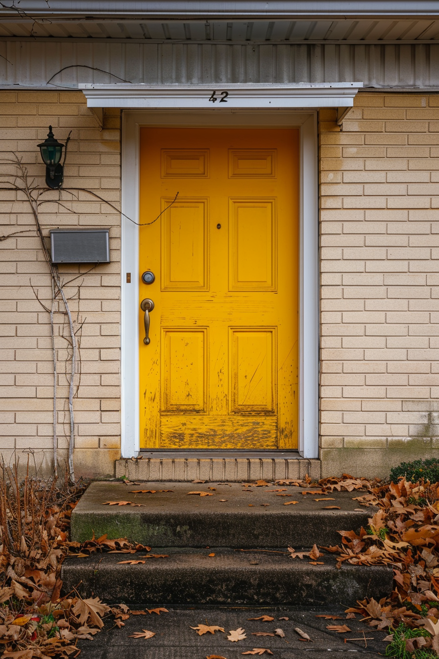 A vivid yellow door on a house with beige brick walls, flanked by a lantern and dry autumn leaves scattered on the steps.