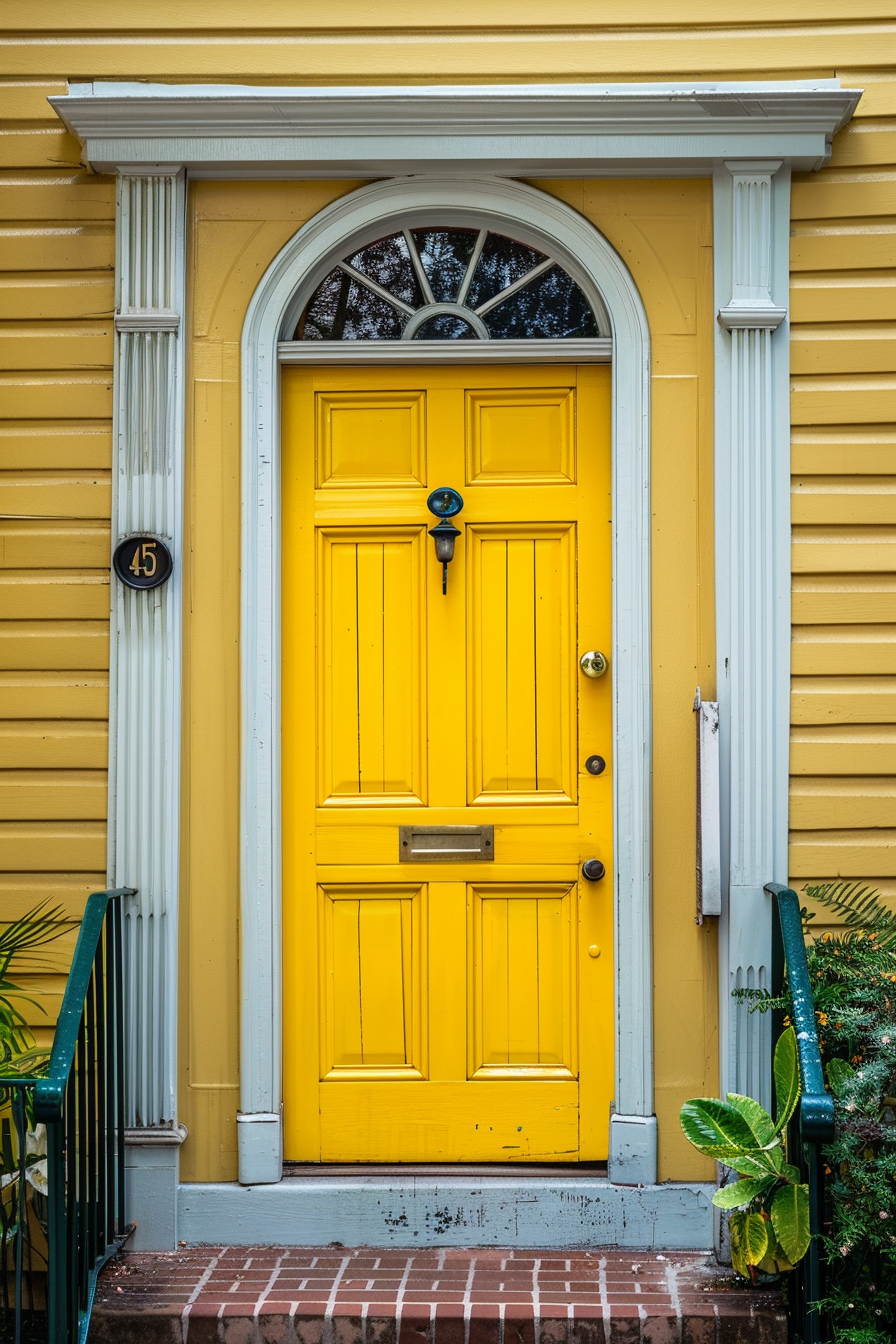 A vibrant yellow door with paneling set in a yellow wooden house facade, featuring an arched transom window and house number 45.