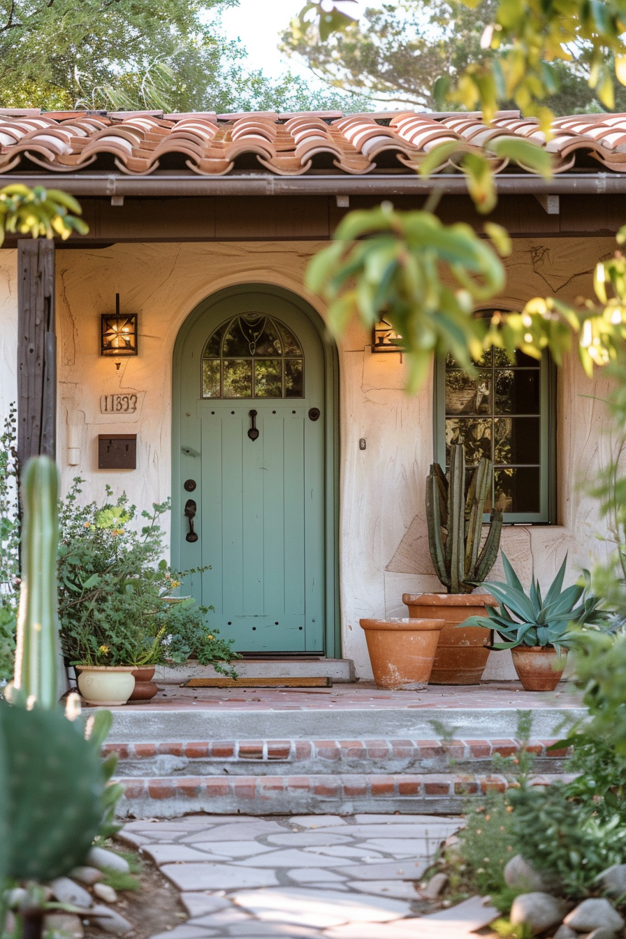 Quaint home entrance with a teal door, terracotta pots with plants, and warm sconce lighting against a creamy stucco wall.