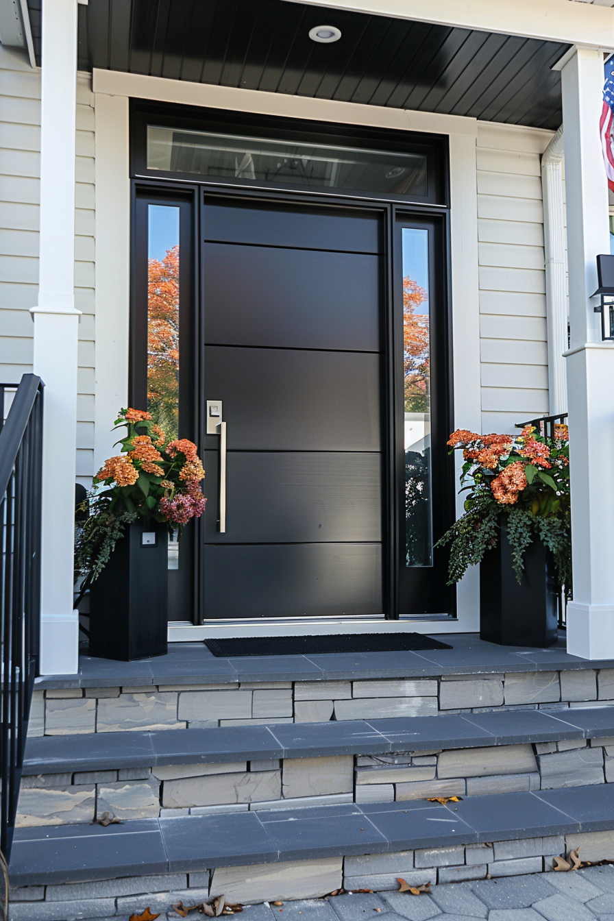 A modern house entrance with a black door flanked by planters of autumnal flowers, a stone staircase, and an American flag.