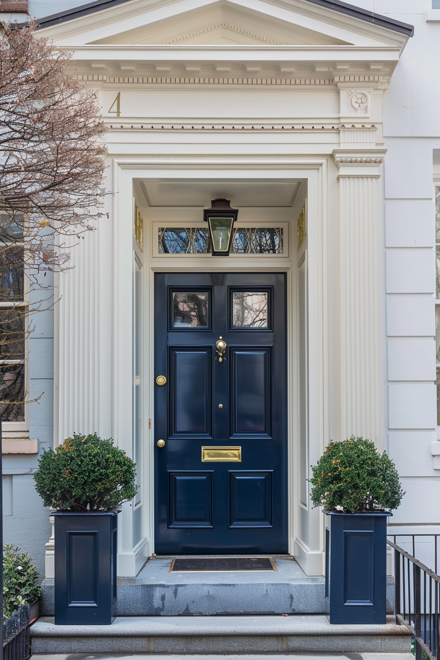 Elegant navy blue front door with brass fixtures, flanked by topiary plants in matching planters, on a white classical facade.