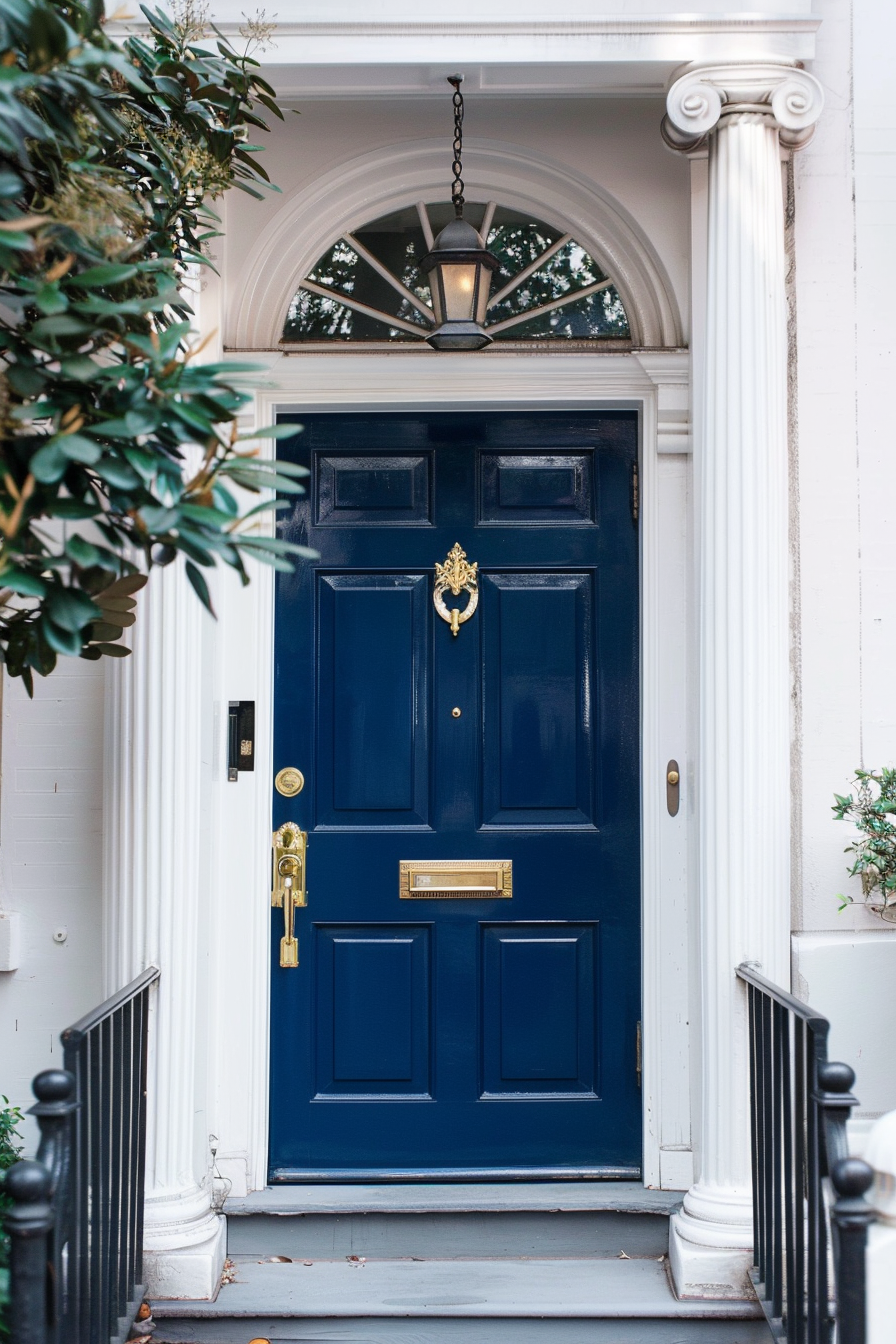 A classic blue front door with brass fixtures, flanked by white columns and green plants, under an arch window and hanging lantern.