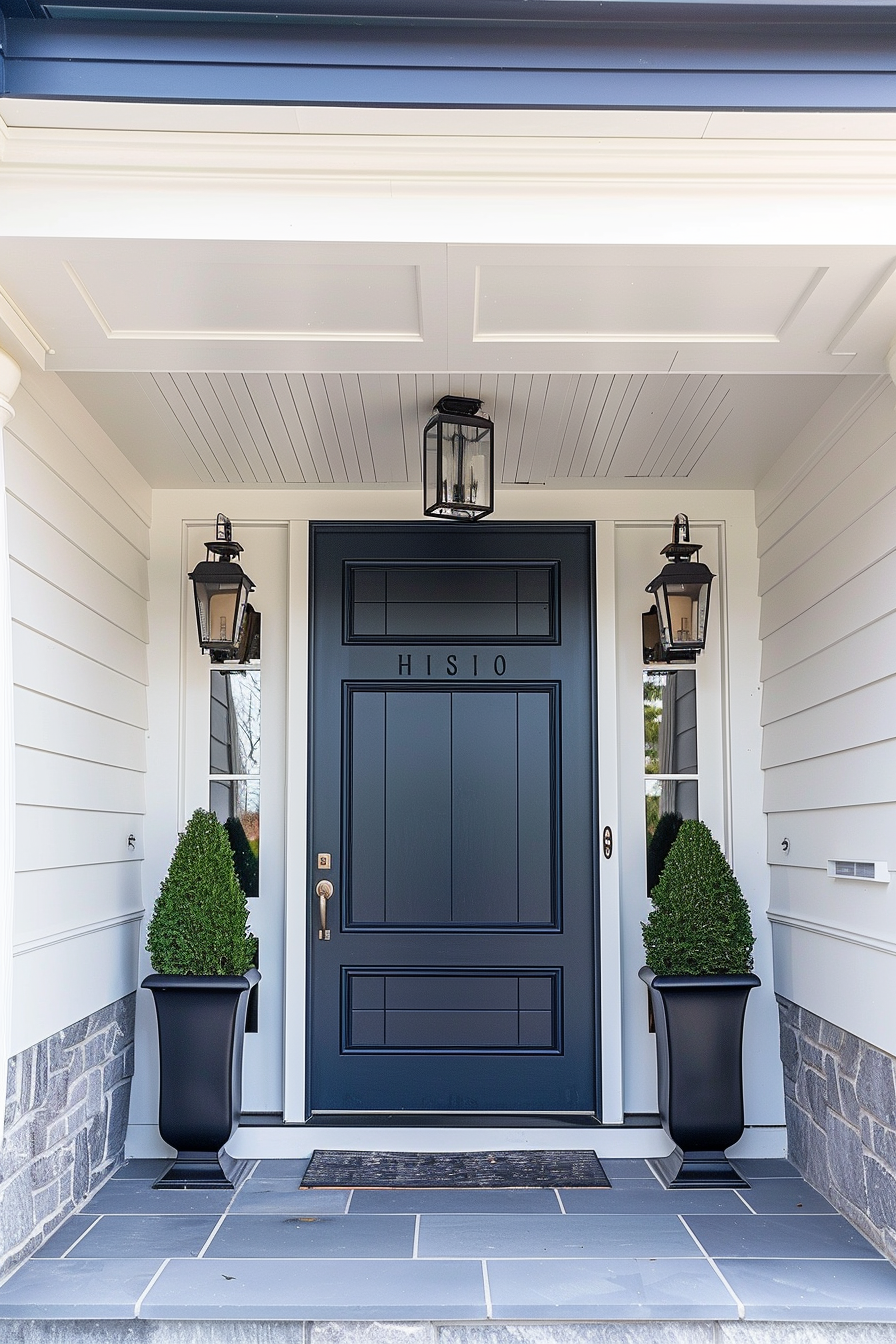 A navy blue front door flanked by matching wall lanterns and potted topiaries on a stone porch, with white siding and trim.