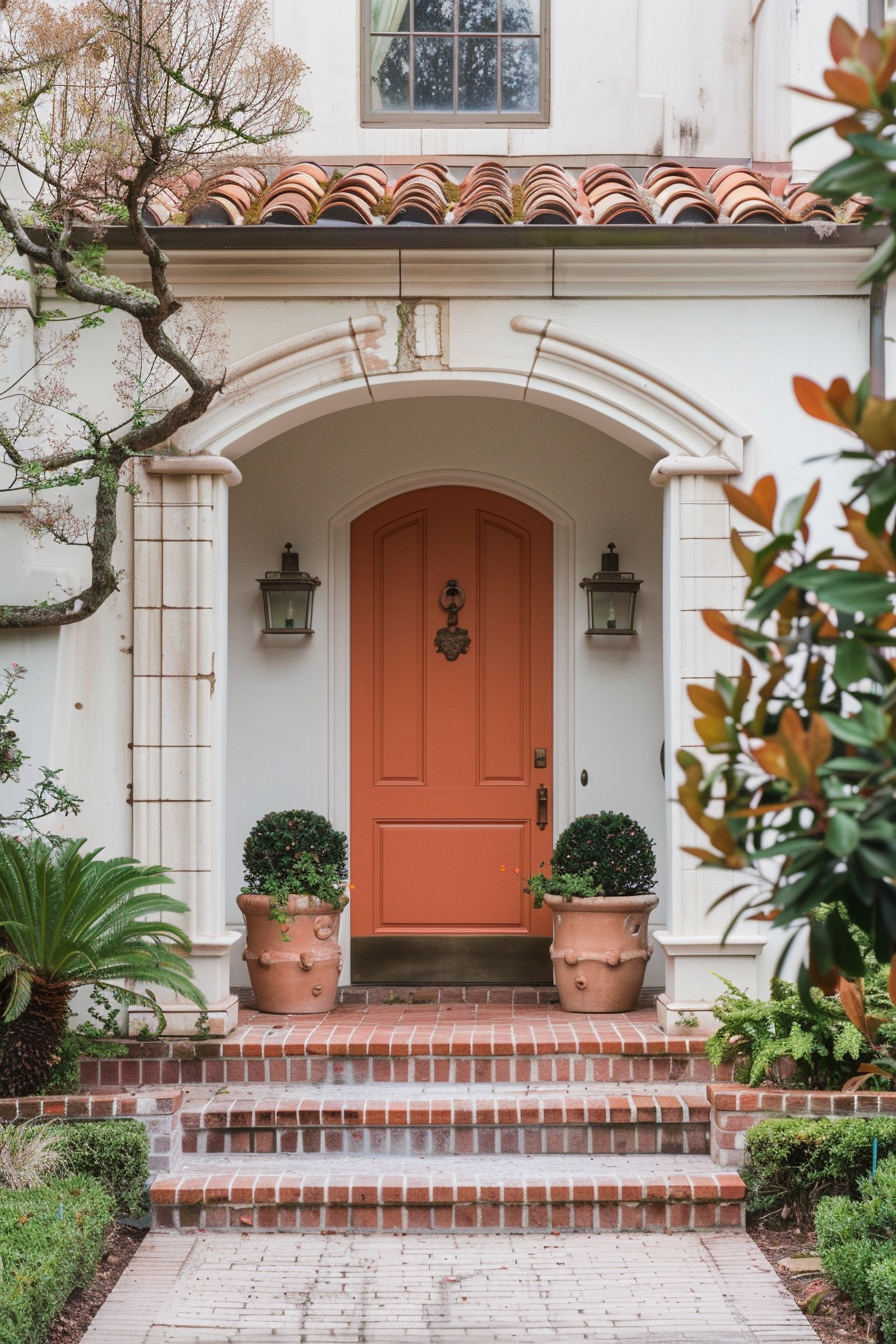 ALT Text: "Elegant home entrance with an arched doorway, a vibrant orange door, flanked by potted plants, and a brick stairway leading up to it."