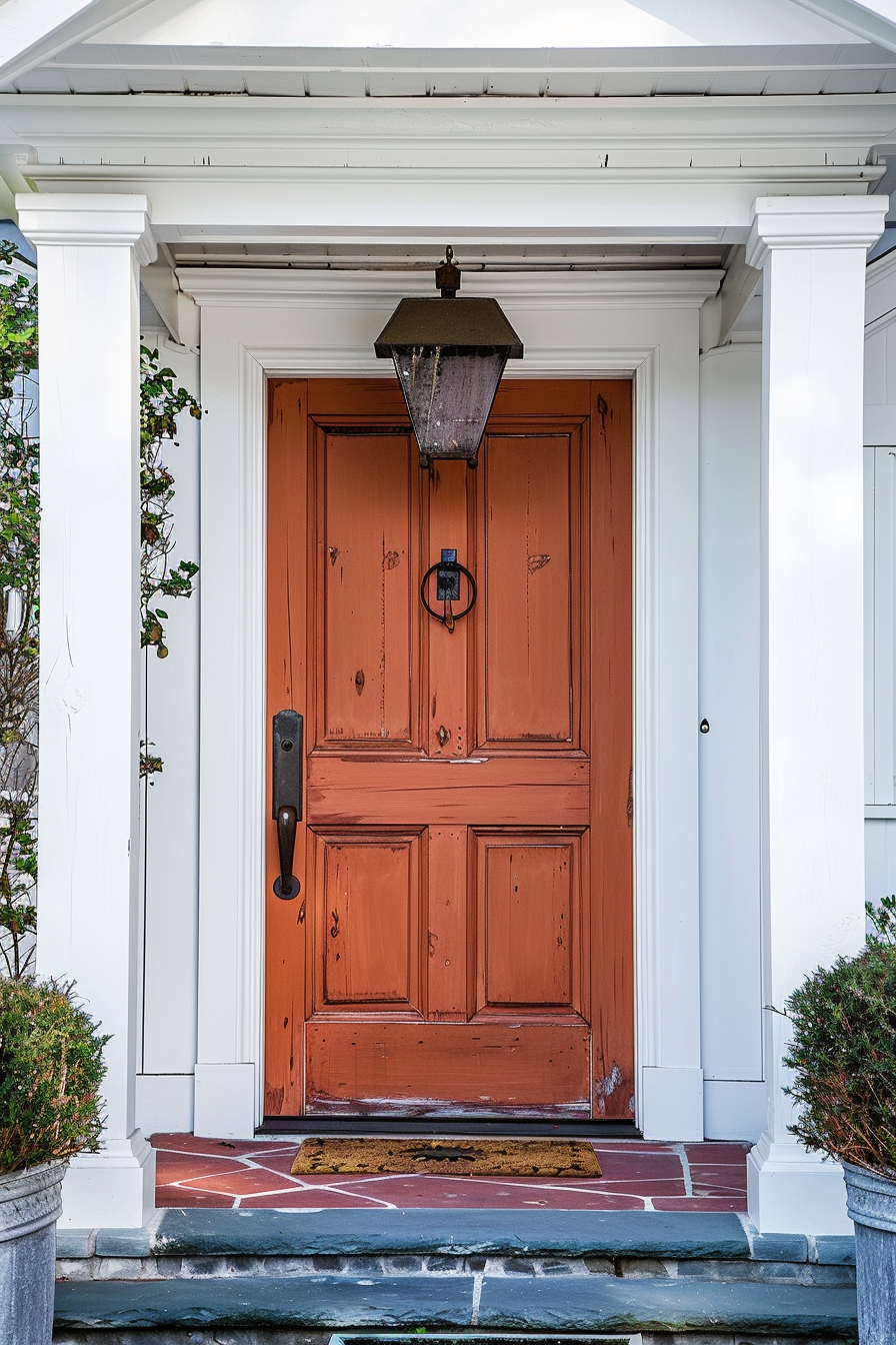 A traditional wooden front door painted orange under a white portico with a vintage lantern and surrounded by white trims.