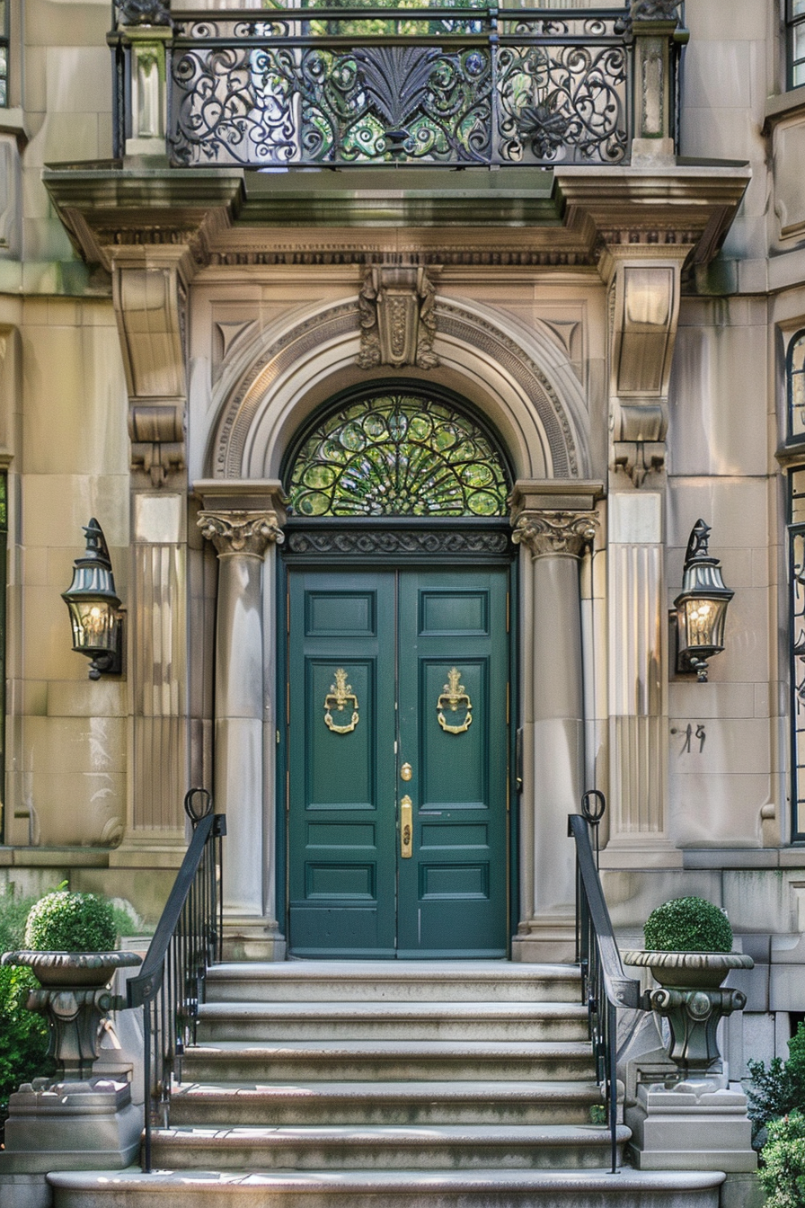 Elegant green double doors with brass lion knockers, stone steps, and flanking lanterns on a neoclassical building facade.
