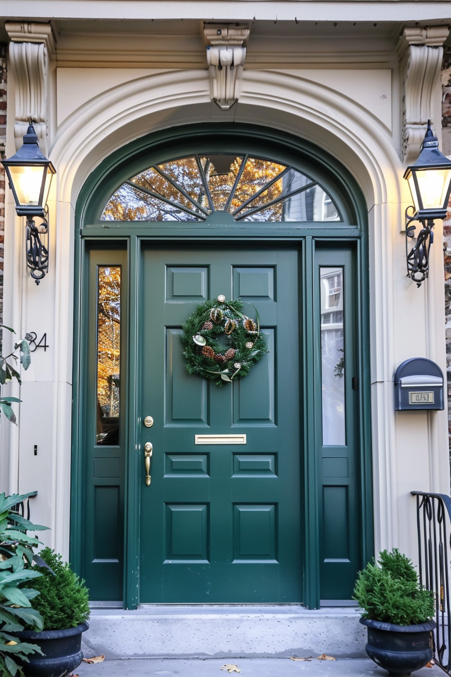 A green front door adorned with a festive wreath, flanked by outdoor lanterns and potted plants, within an elegant arched entryway.