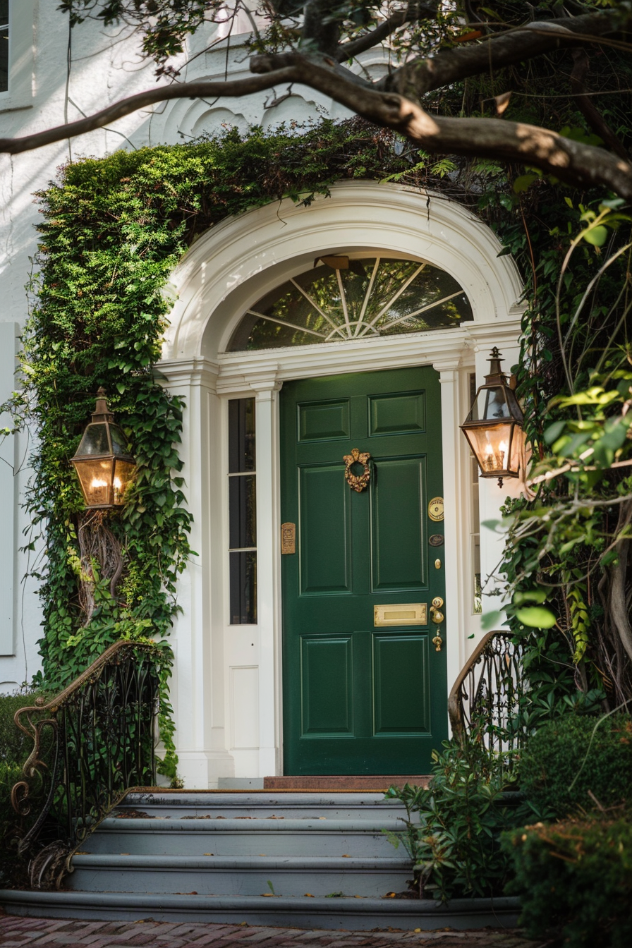 Elegant green door with fanlight and two lanterns, framed by ivy and a wrought-iron handrail, on a brick-laid entrance.