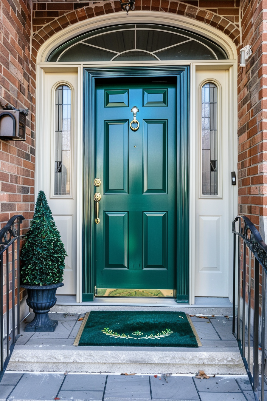 A tidy entrance with a vivid green door, flanked by sidelight windows, a small topiary, and a welcome mat, set against a brick facade.