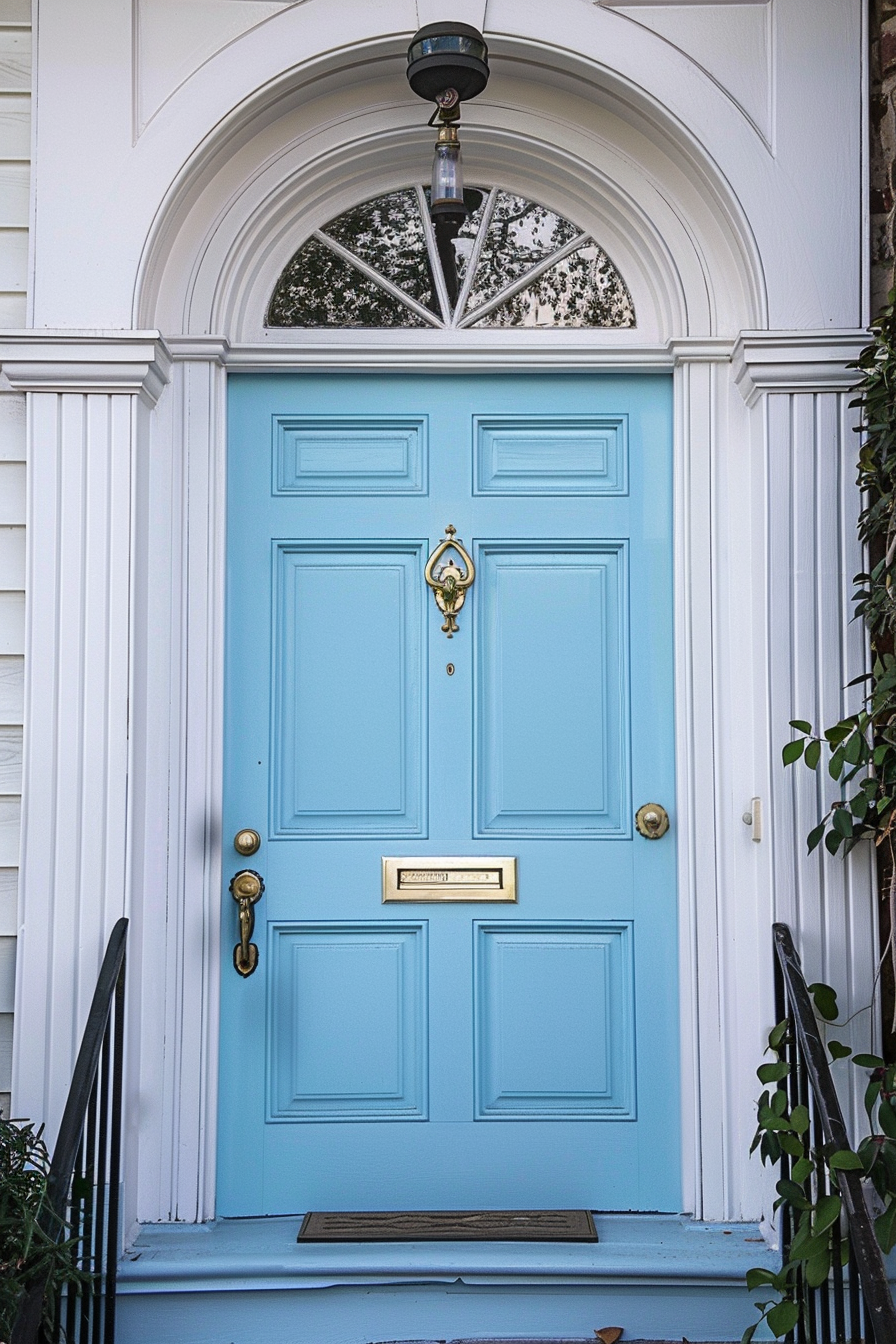 A light blue front door with gold hardware, an arched window above it, flanked by white siding and black railings.