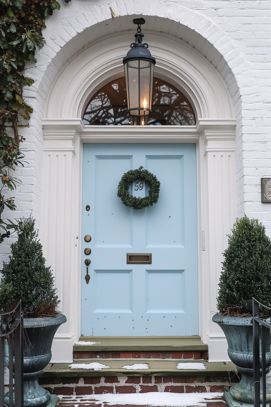 A light blue door adorned with a simple green wreath and the number 59, flanked by topiary in pots, under a lit lantern.
