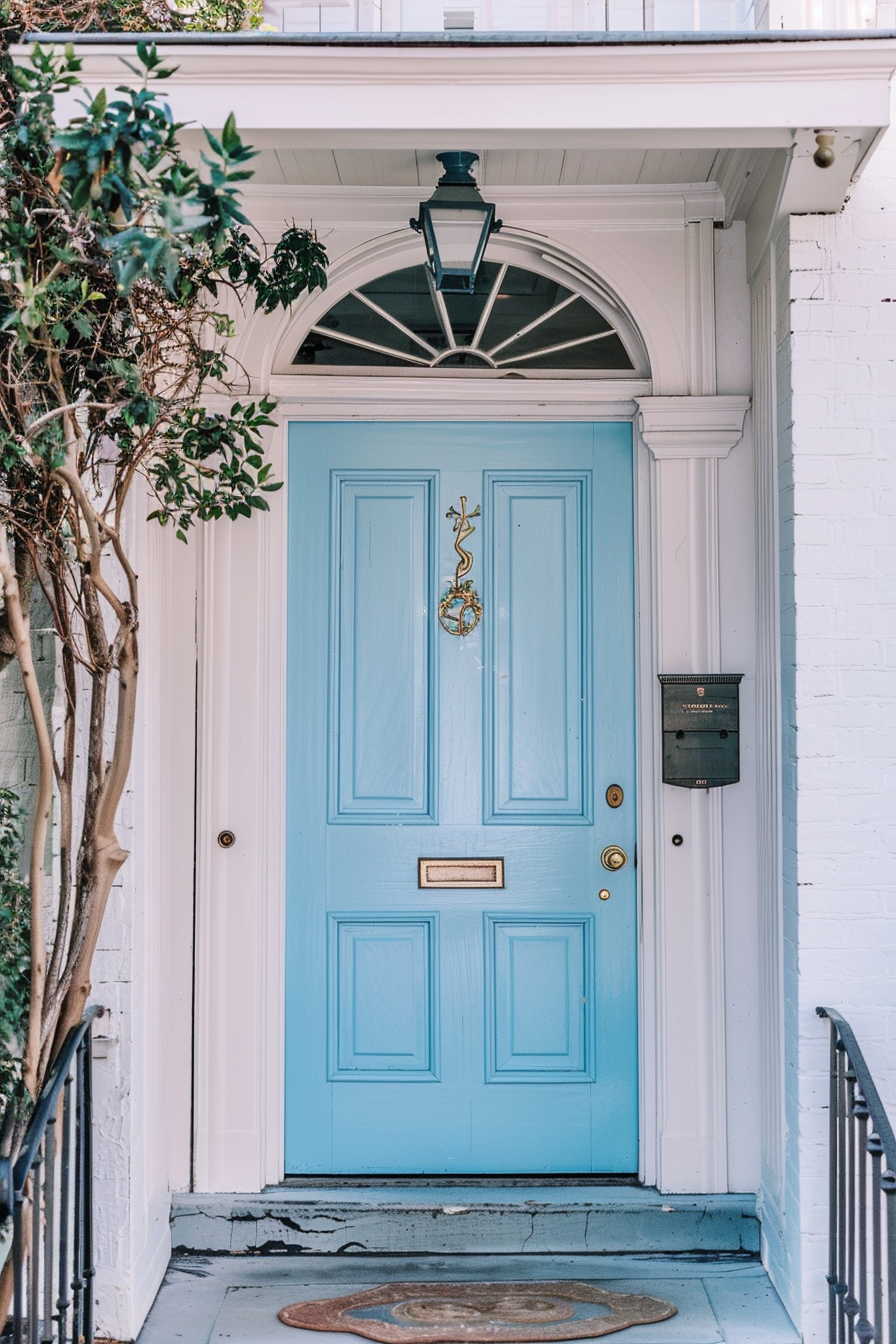 A charming light blue front door with a brass door knocker, framed by a white entryway and accompanied by a hanging lantern.