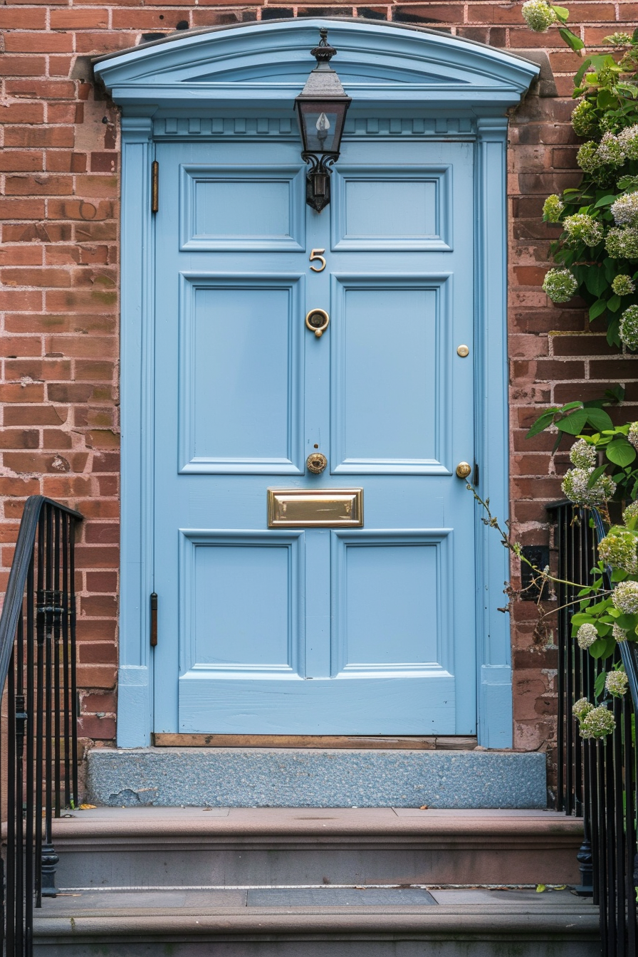 A light blue front door with brass fixtures, house number 5, and a black lantern, on a red brick building with steps and railing.