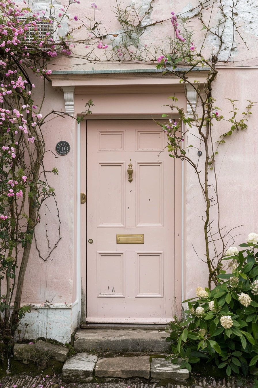 A quaint pink front door with blossoming flowers and greenery on a weathered stone doorstep, giving a charming cottage feel.