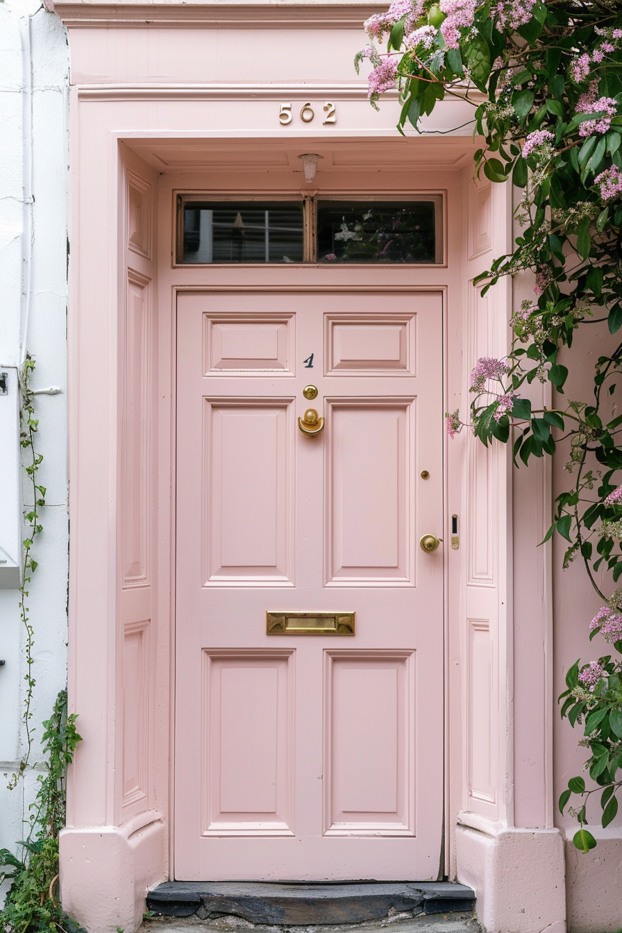 A pastel pink front door with brass hardware, surrounded by flowering shrubs and a number "1" indicating the house address.