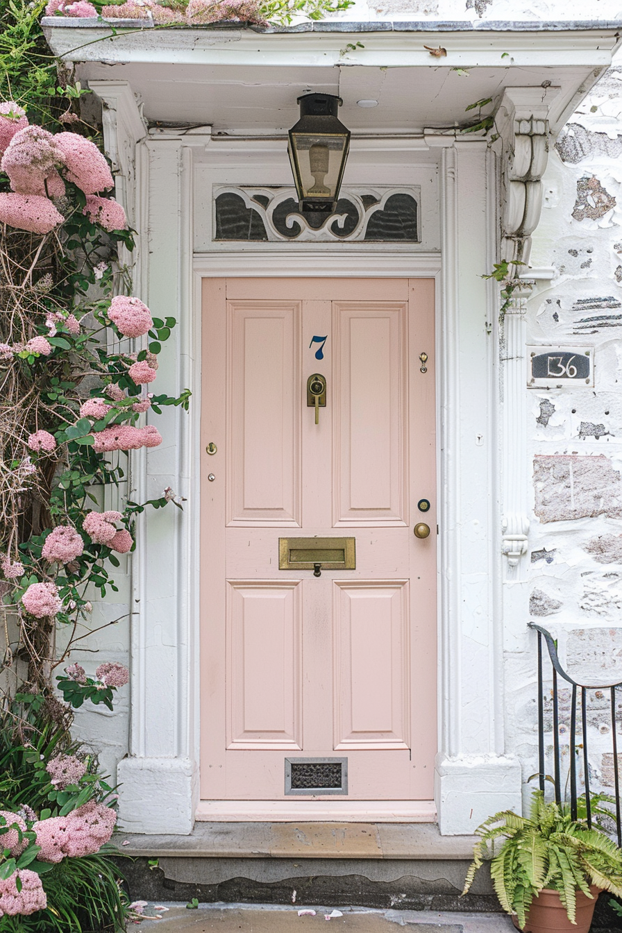 ALT: A charming pink front door of a house with white trim, adorned by hydrangeas on the left and a potted fern on the right.