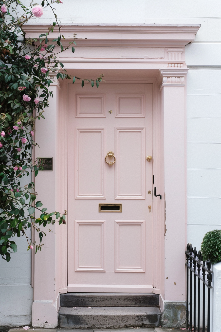 ALT: A charming pastel pink door of a house with gold hardware, flanked by green foliage and roses, exuding a quaint, welcoming vibe.
