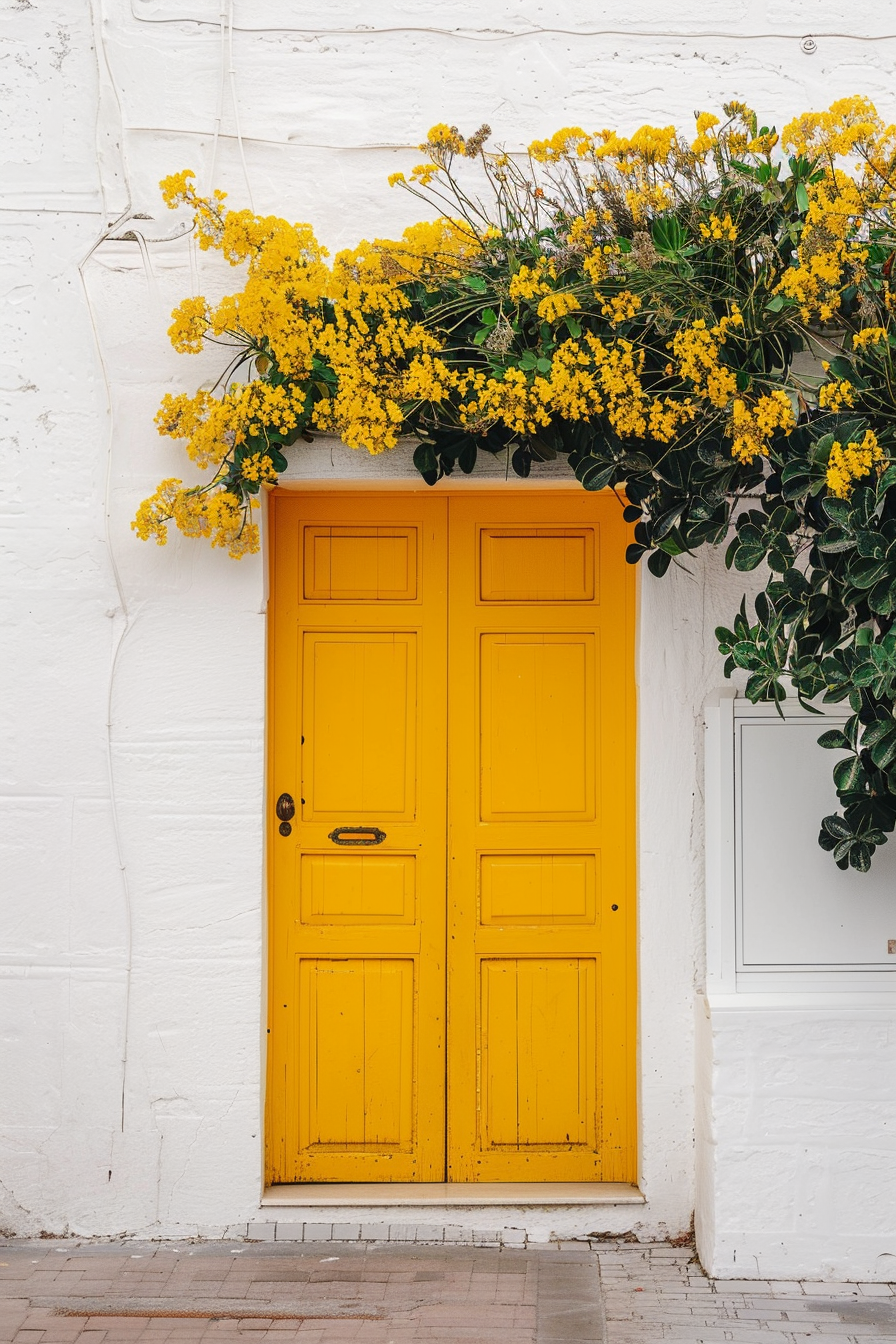 A bright yellow double door on a white wall, adorned with yellow flowers above and greenery to the side.