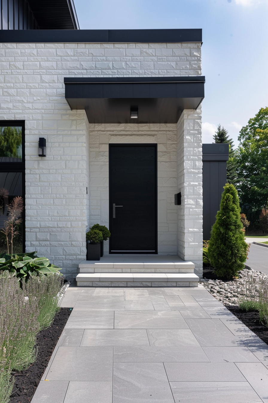Modern house entrance with black door, white stone walls, and landscaped pathway.