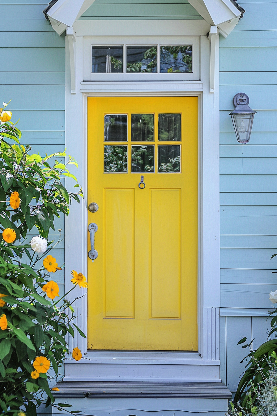 A bright yellow front door with a window pane on a blue house, flanked by vibrant flowers and a hanging lantern to the side.