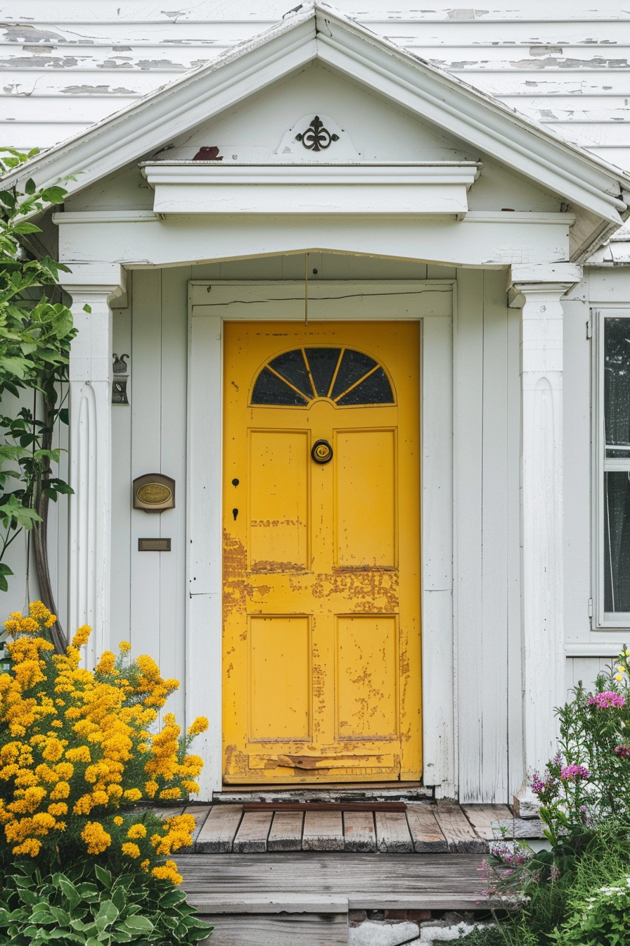 A weathered yellow door with peeling paint on a white house, framed by a transom window and flanked by yellow flowers.