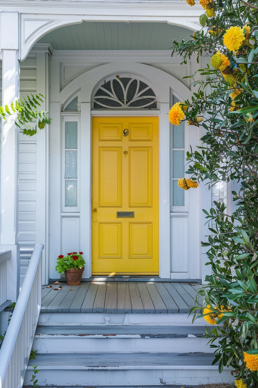 A bright yellow door framed by white trim and shutters, with surrounding yellow flowers and a red potted plant on a sunny day.
