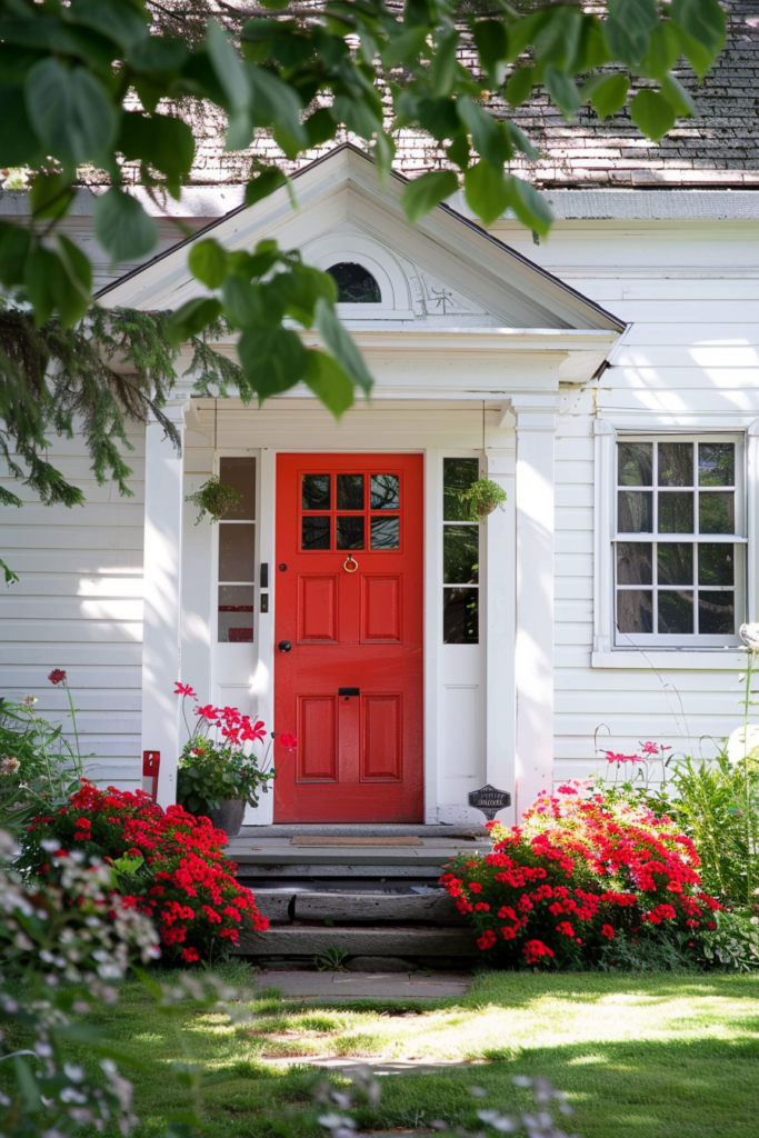 White house with a vibrant red door surrounded by lush greenery and bright red flowers.
