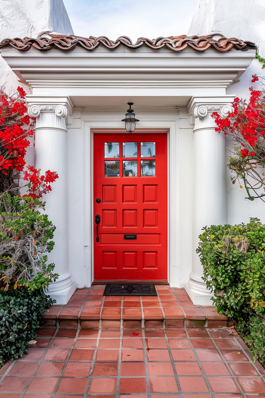 A vibrant red door with a glass panel, flanked by white pillars and red flowers, leads into a white house with terracotta tiles.