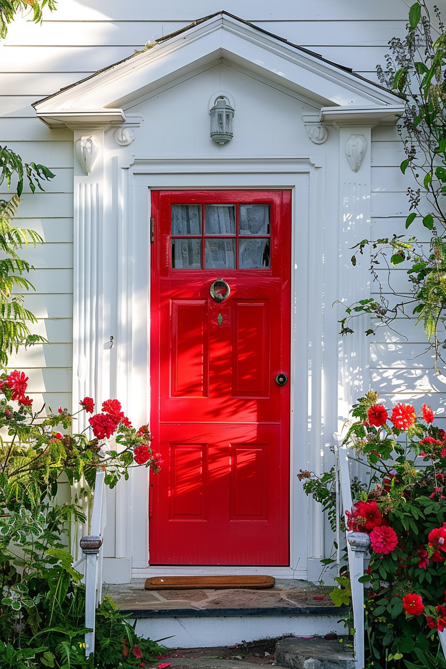 A vibrant red door on a white clapboard house, flanked by red roses and green foliage, with a classic light fixture above.