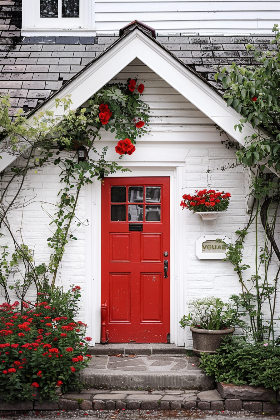 Charming white cottage facade with a bold red door, surrounded by green foliage and vibrant red flowers.