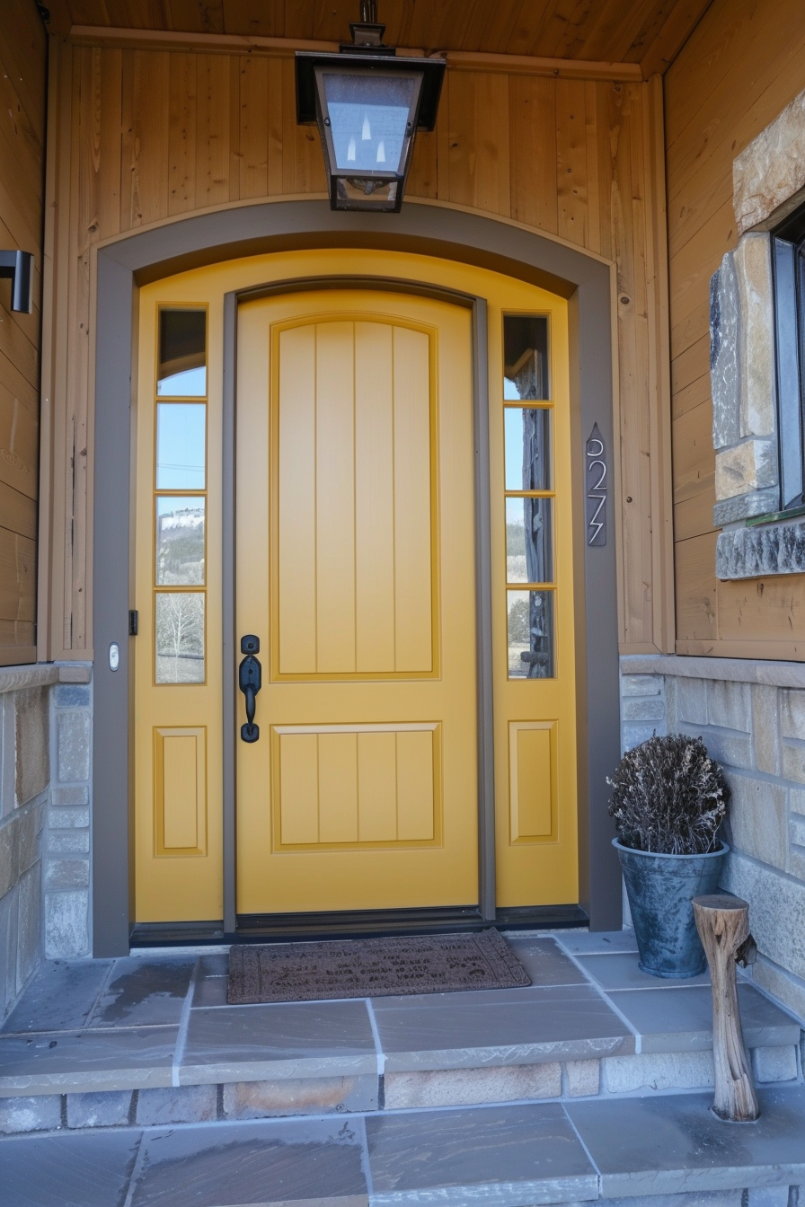 A charming yellow front door with a black handle and a lantern above, framed by stone walls and wooden details, with a welcome mat in front.