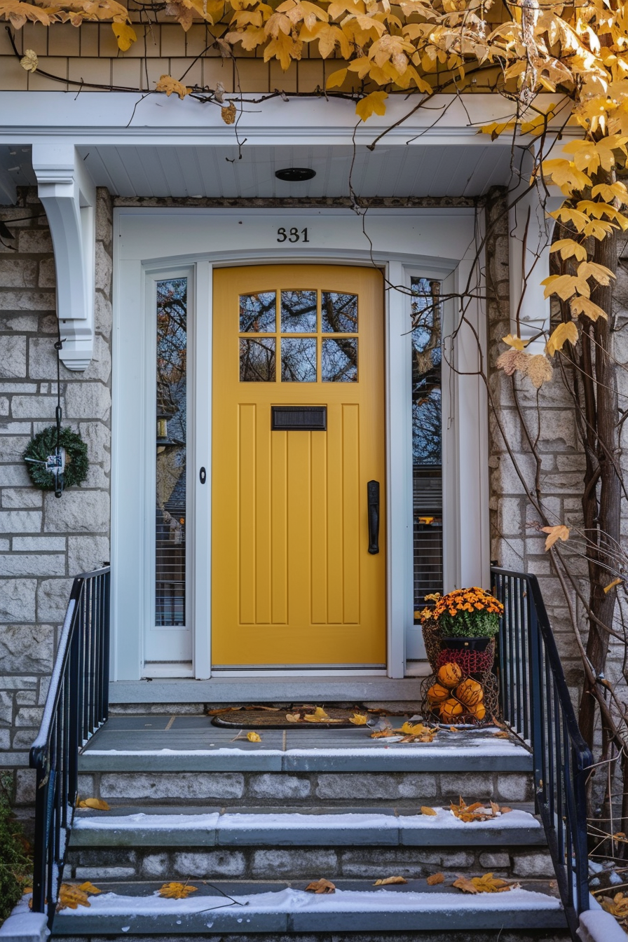 A welcoming yellow front door on a home with autumn leaves, a basket of flowers, and light snow on the steps.