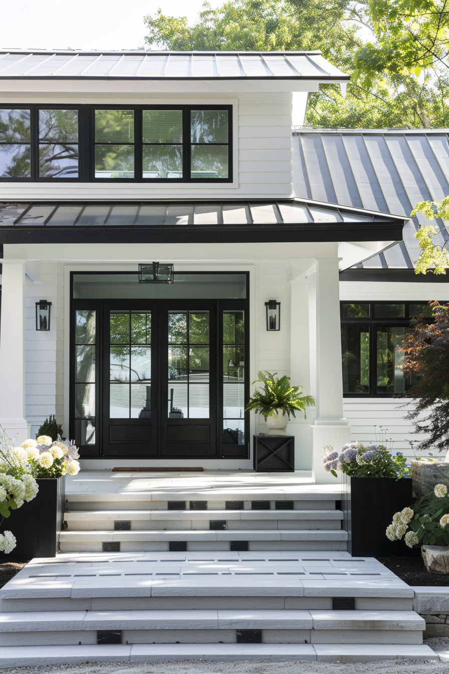 Modern two-story house with white siding, black trim windows, and a metal roof, featuring a front door with steps and blooming hydrangeas.