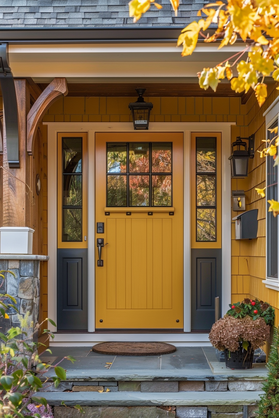 A cozy house entrance with a yellow front door flanked by black sconces and surrounded by autumn foliage.