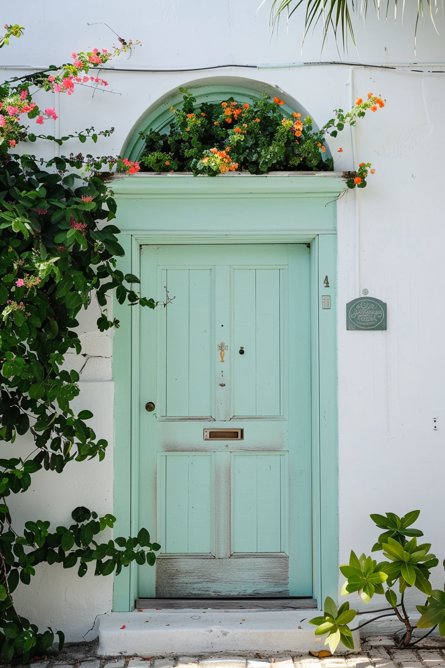 A quaint light green door with a semicircle window adorned by colorful flowers, flanked by greenery, on a white wall.