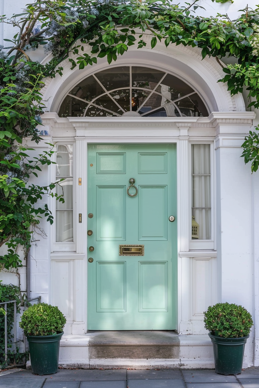 A mint green front door flanked by potted plants with an arched transom window overhead, set in a white traditional building facade.