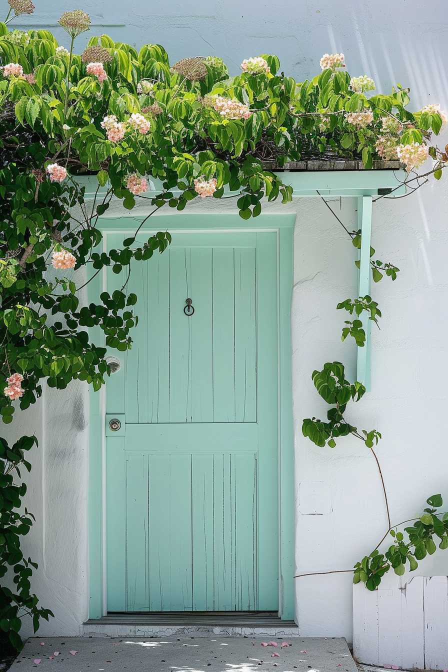 A quaint pale green door with brass hardware, surrounded by white walls and adorned with overhanging pink flowers and greenery.