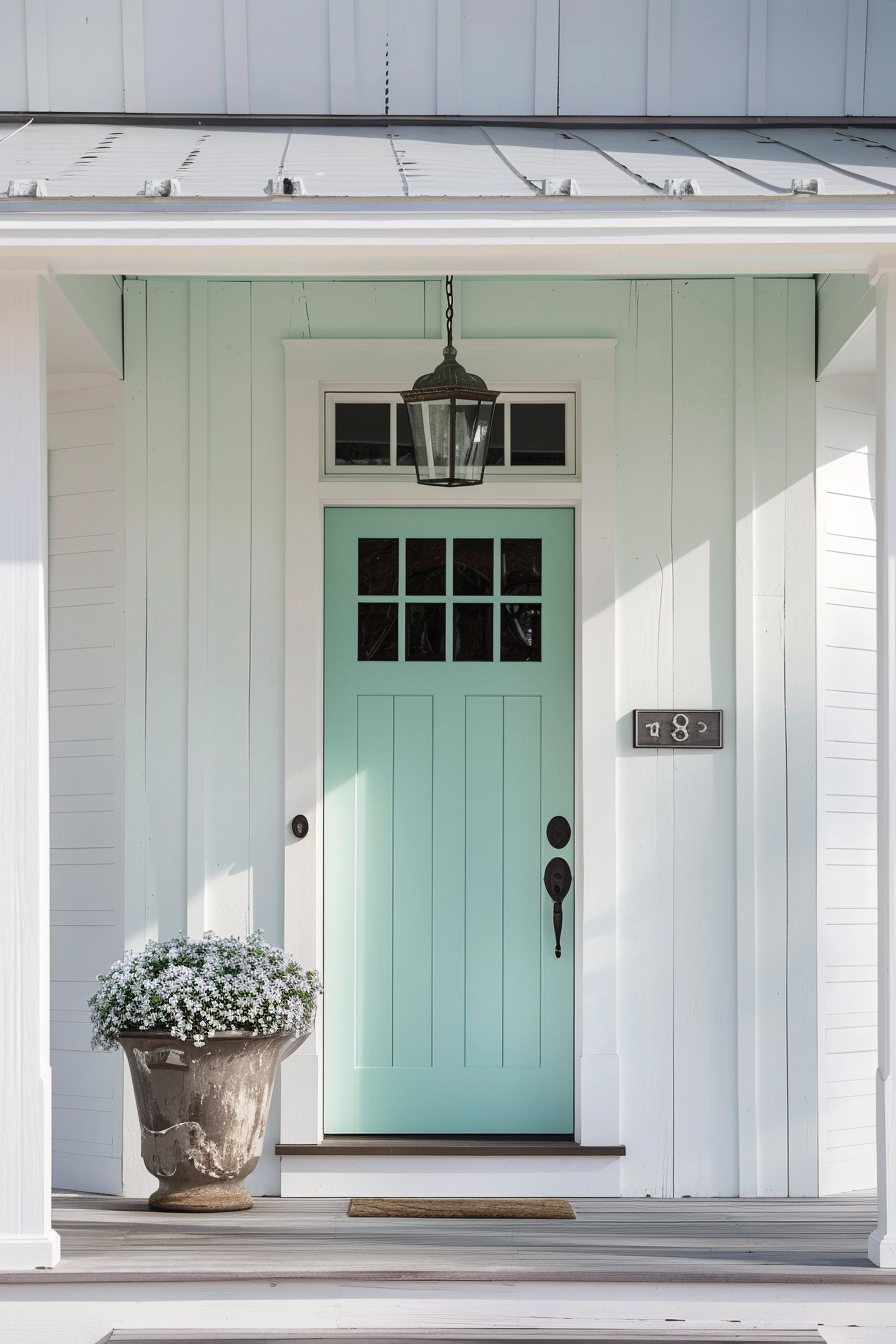 A tidy entrance of a house with a mint green door, hanging lantern, a large flowerpot, and house numbers 183.