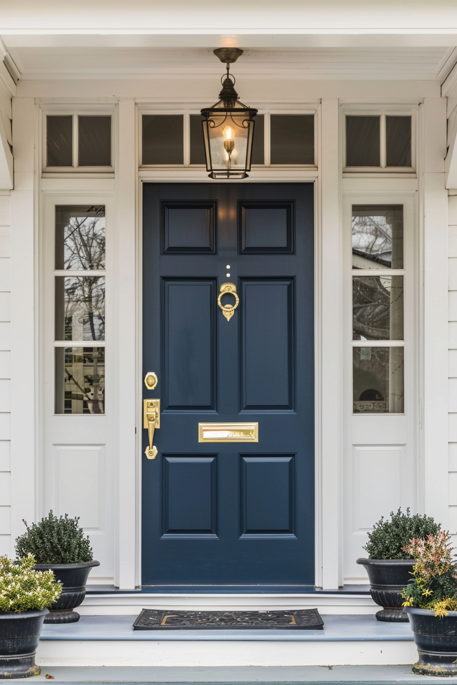 Navy blue front door with gold hardware, flanked by white panels and potted plants, under a porch light.